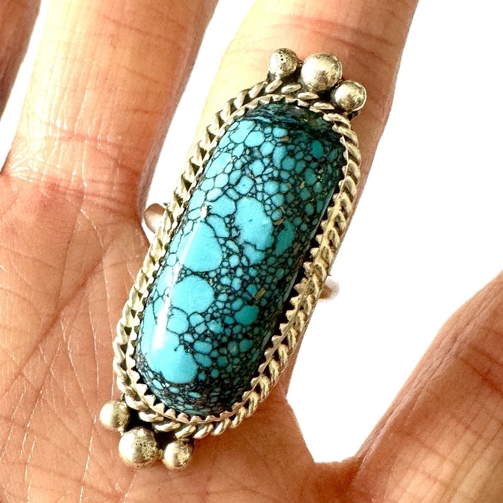 Navajo Spiderweb Turquoise‎ Ring Sz 8.5 Long Sterling Native American Unique